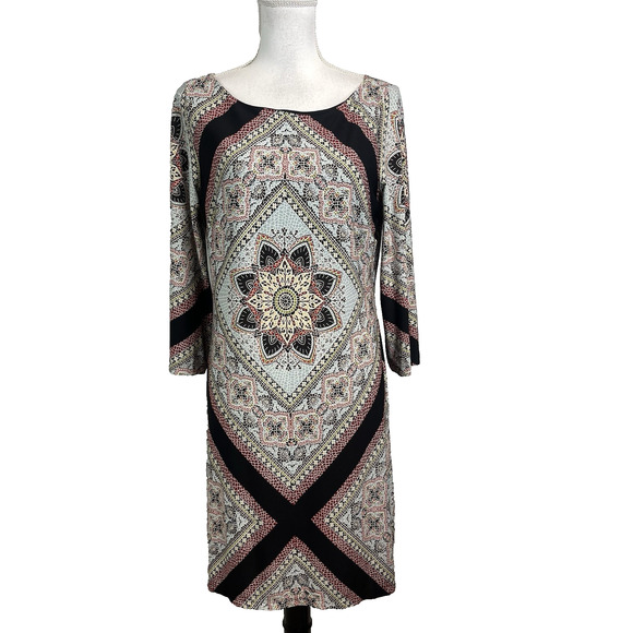 Valerie Bertinelli Dress size 14 Black Brown Green Floral Retro Straight Knee - Picture 1 of 9